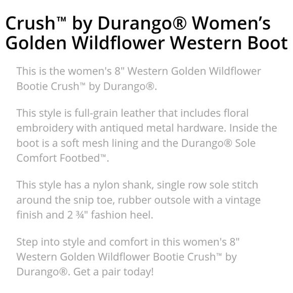 Crush by Durango Women's 6.5M Golden Wildflower Western Boot DRD0439 - Picture 8 of 9